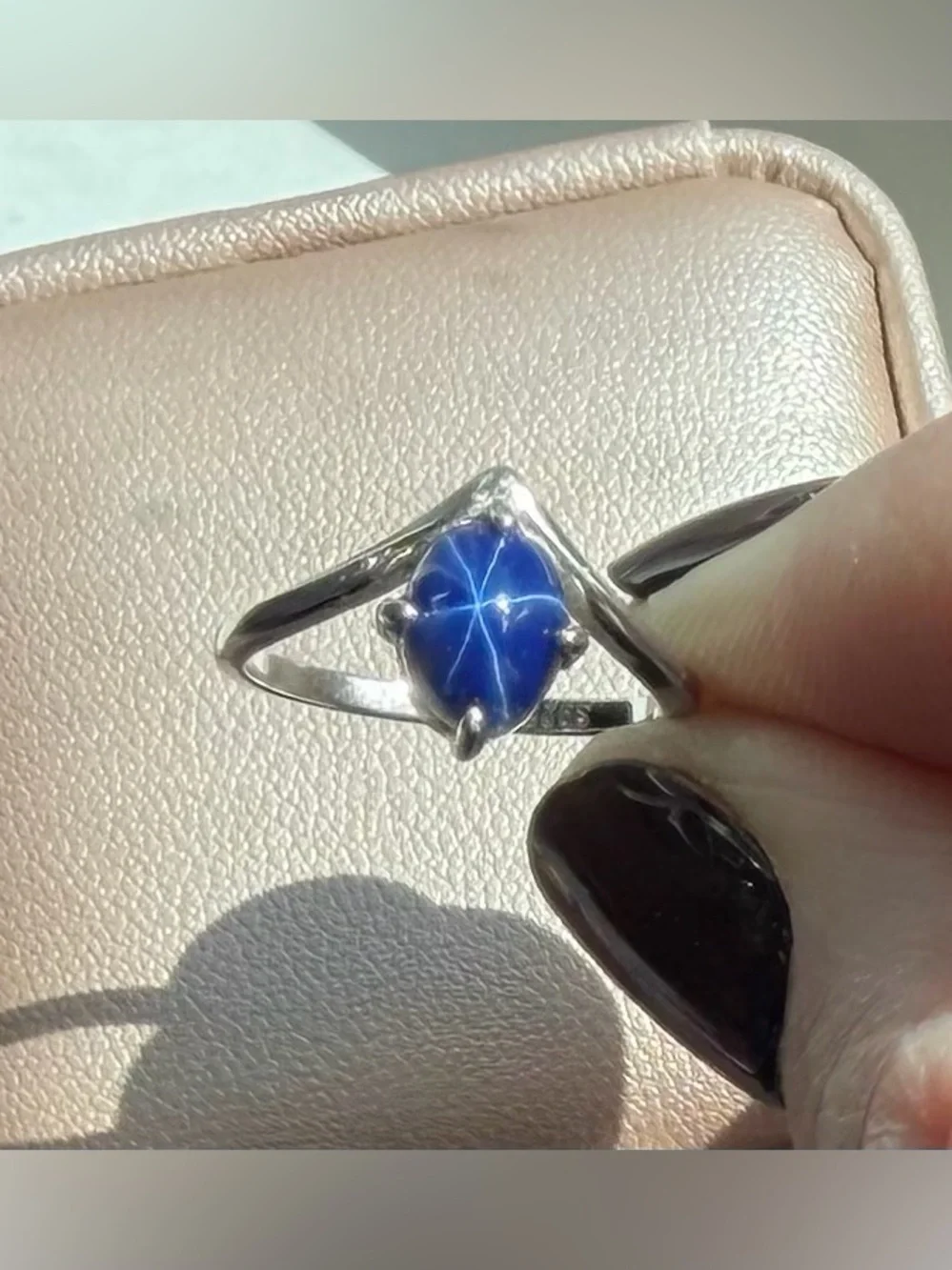 Stunning 1.79CT Natural Blue Star Sapphire Chevron Ring 925 Sterling Silver Sz 6